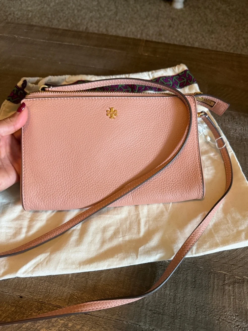 Tory Burch Blush Pink Pebbled Leather Crossbody with Gold Logo NWT
